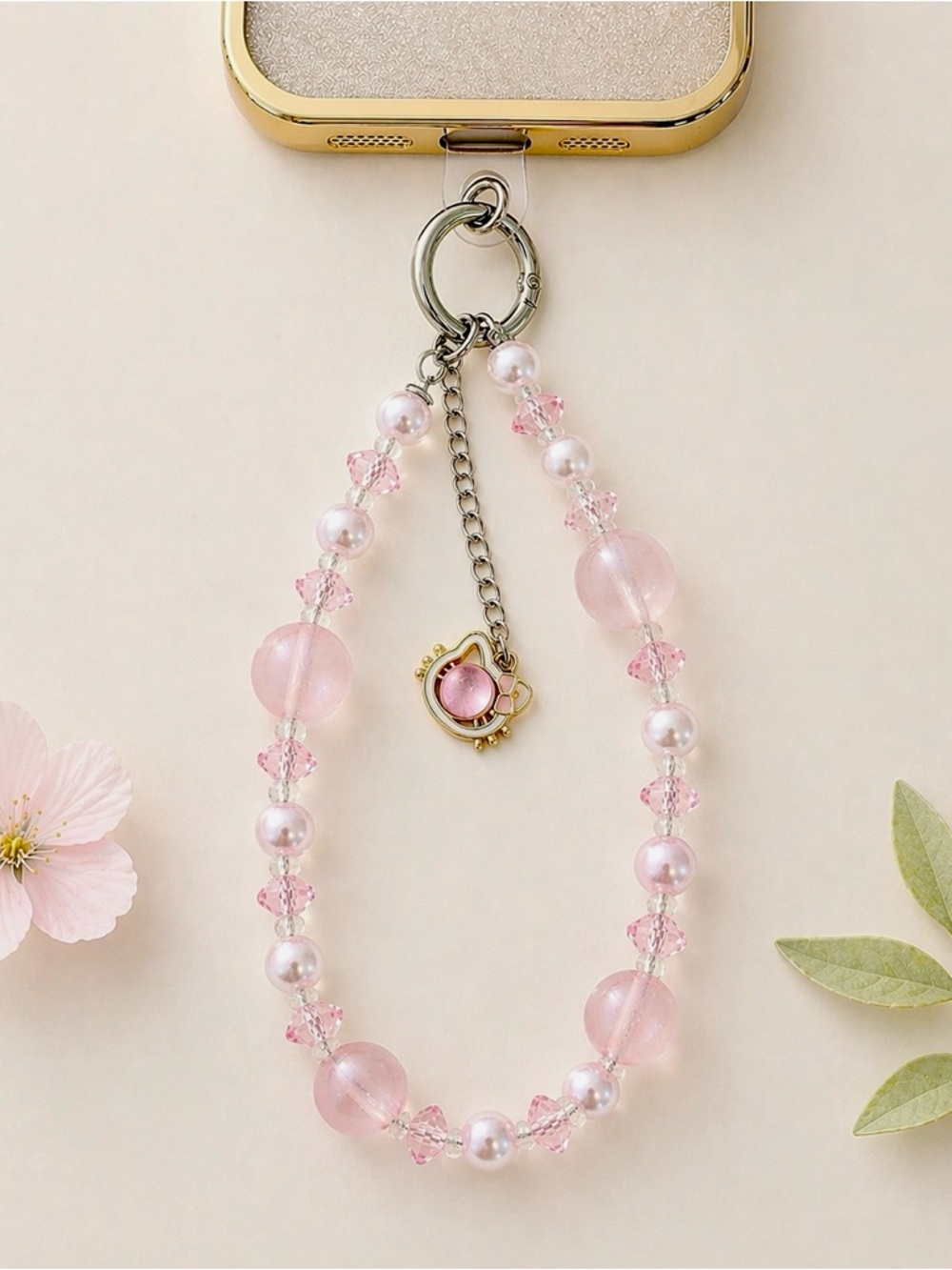 Pink Pearl Beaded Phone Wrist Strap Cute Cat Charm Lanyard Gift Wristlet